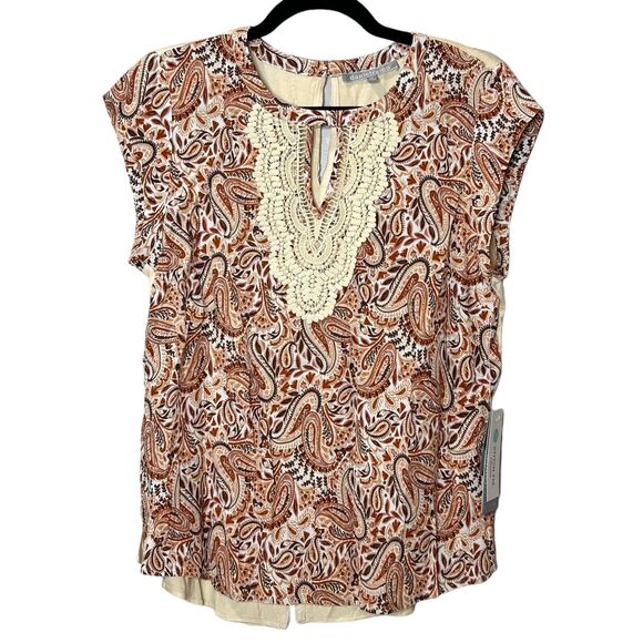 Daniel Rainn Stitch Fix Mixed Media Top Sleeveless Lace Brown Cream Women PM NWT - Picture 1 of 12